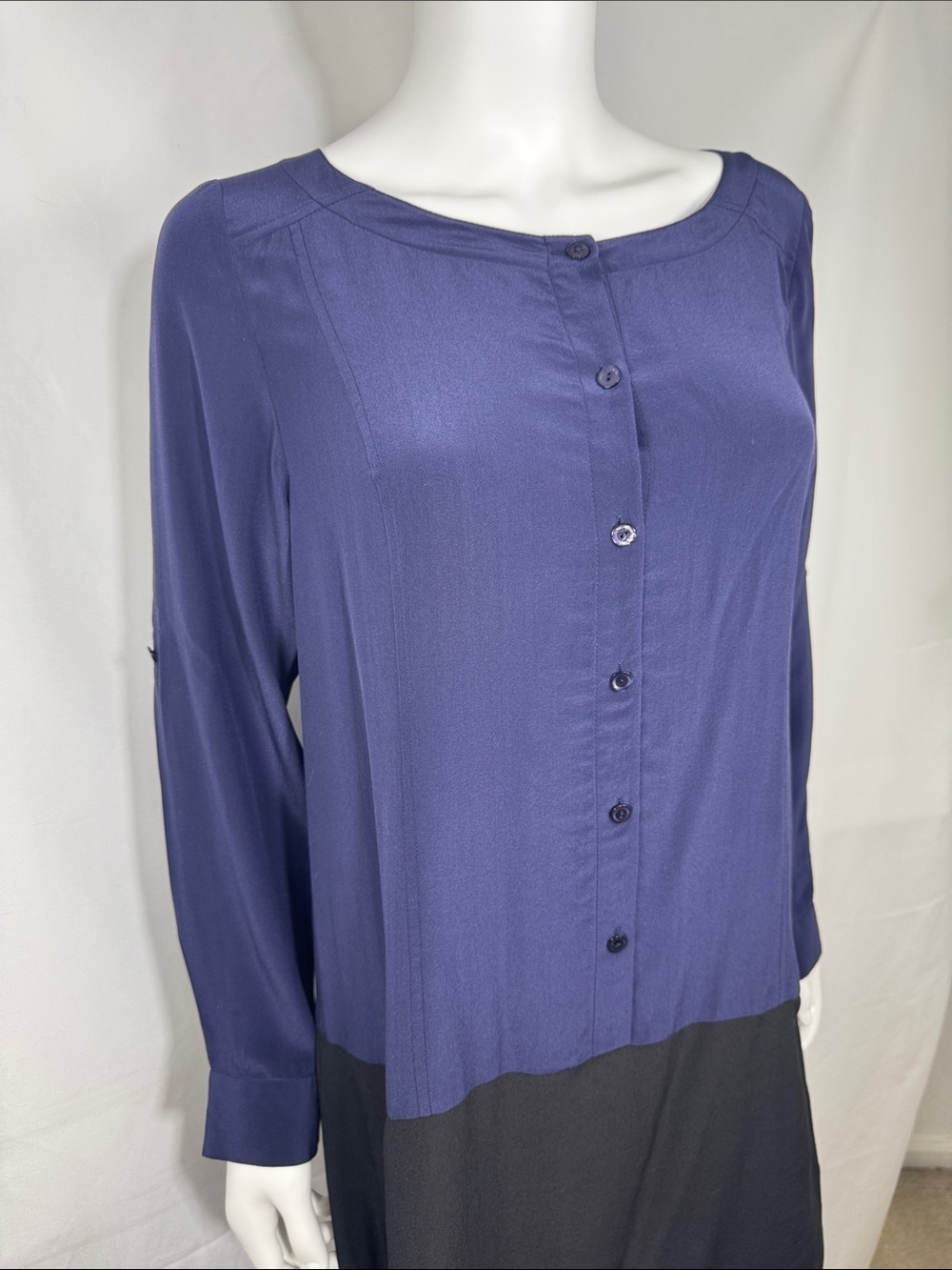 Eileen Fisher 100% Silk Colorblock Tunic Dress Blue Black Pockets - Picture 5 of 9